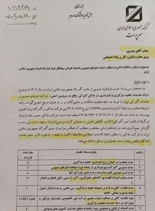 نامه اعتراضی گمرک ایران به وزیر کار