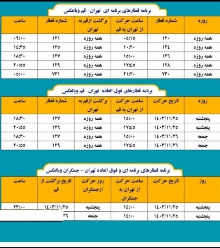 برقراری قطار‌های فوق العاده به قم و جمکران در پایان هفته