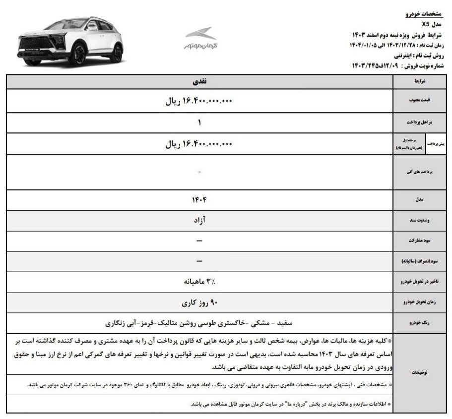 شرایط فروش کرمان موتور