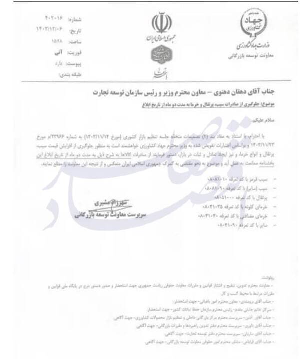 توقف دوماهه صادرات سیب، پرتقال و خرما برای کنترل قیمت‌ها