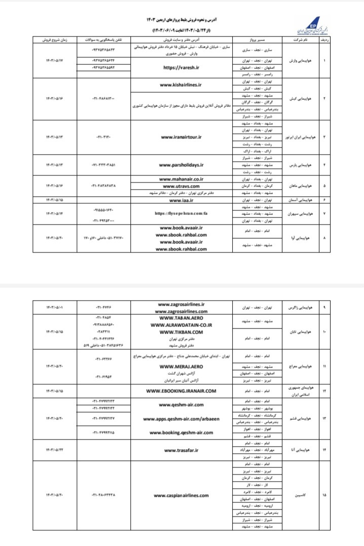 اعلام اسامی سایت‌های فروش بلیت پرواز‌های اربعین