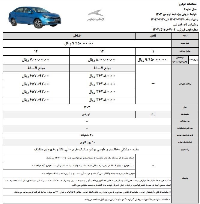 شرایط فروش خودرو جدید KMC ایگل برای اولین بار