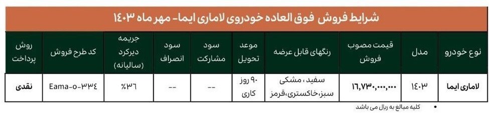 آغاز فروش فوری خودرو لاماری ایما ویژه مهر ۱۴۰۳+ جزئیات و قیمت