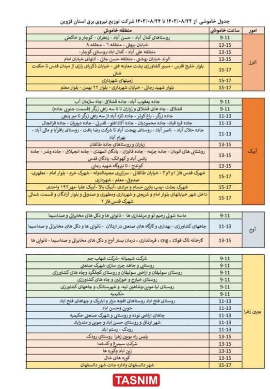 زمان‌بندی خاموشی‌ برق در قزوین اعلام شد + جدول