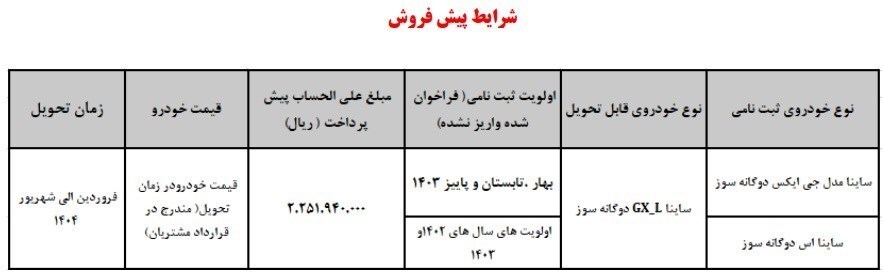 ثبت نام خودرو ساینا دوگانه سوز + شرایط و قیمت