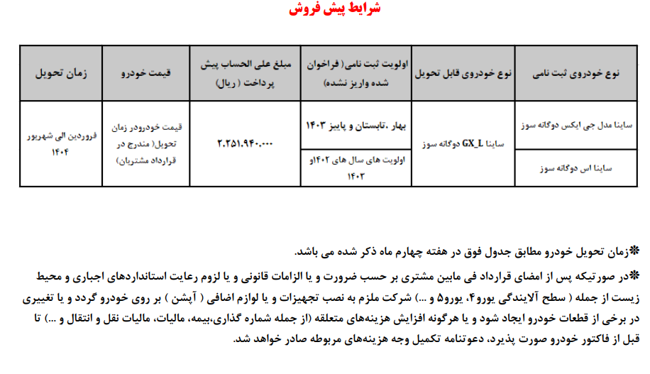 قیمت پیش فروش ساینا اس دوگانه سوز