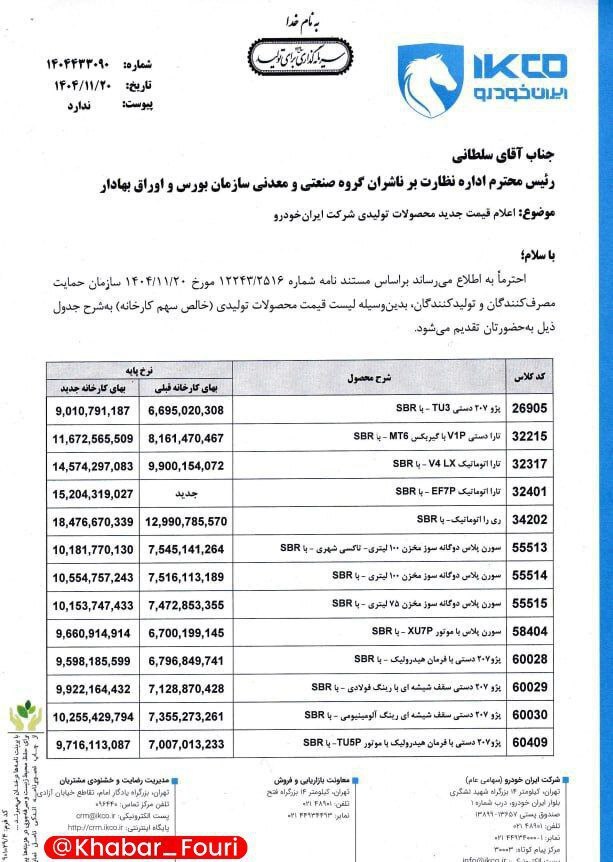 قیمت جدید ایران خودرو بهمن ۱۴۰۴ اعلام شد+ جدول