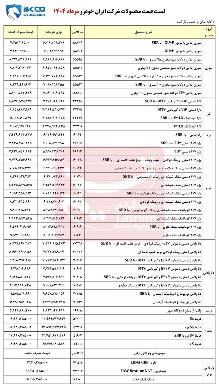 لیست قیمت جدید محصولات ایران خودرو منتشر شد+جدول