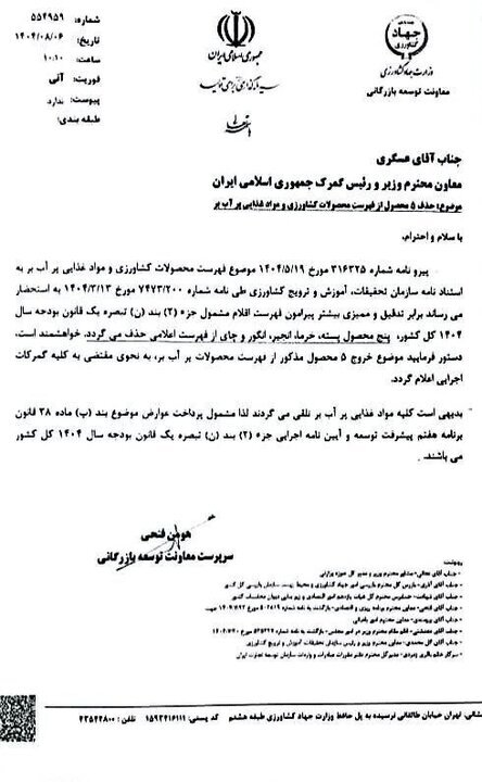 حذف ۵ محصول از فهرست محصولات کشاورزی و مواد غذایی پر آب بر حذف ۵ محصول از فهرست محصولات کشاورزی و مواد غذایی پر آب بر