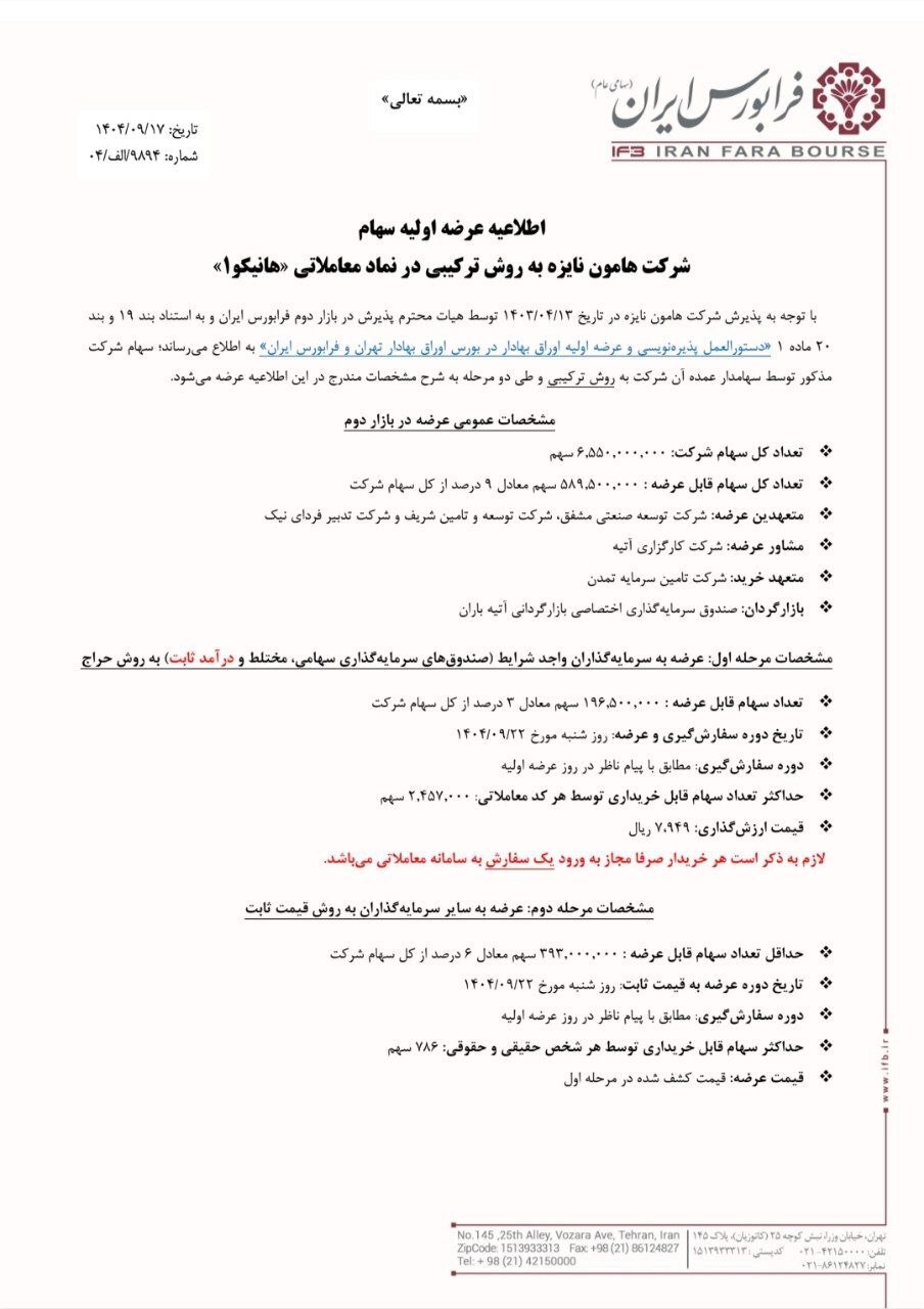 جزییات عرضه اولیه هانیکو + نقدینگی مورد نیاز هانیکو