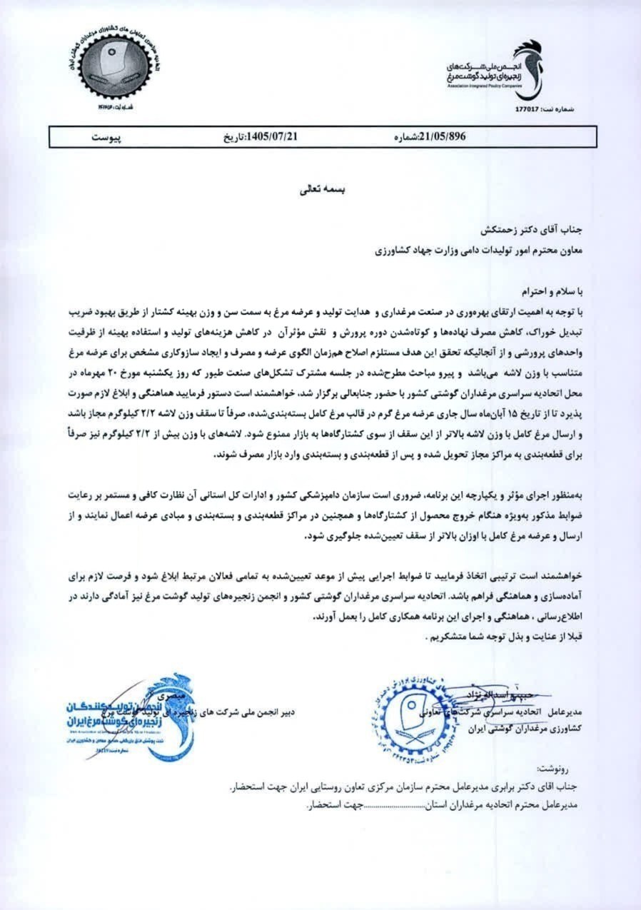 عرضه مرغ بالای ۲.۲ کیلوگرم ممنوع شد