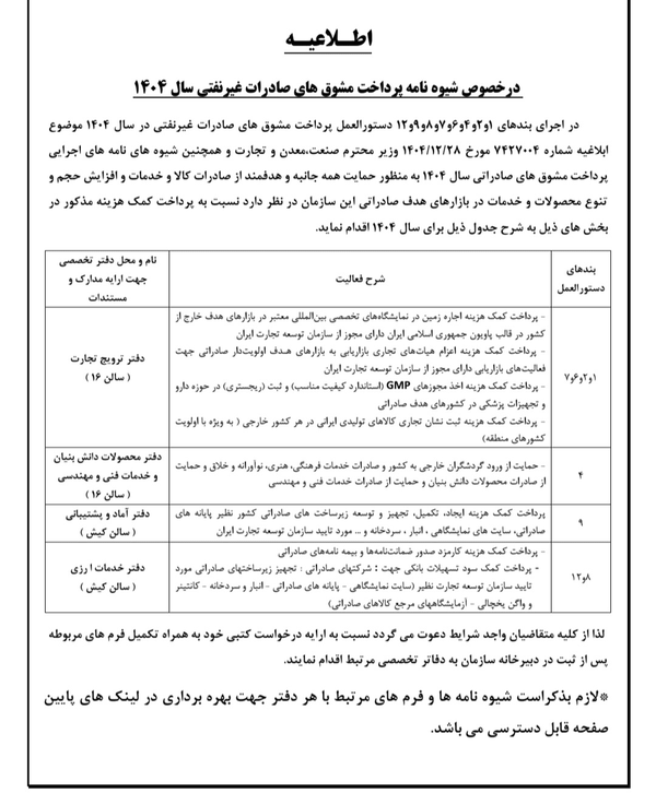 فراخوان پرداخت مشوقهای صادراتی مربوط به سال ۱۴۰۴ فراخوان پرداخت مشوقهای صادراتی مربوط به سال ۱۴۰۴
