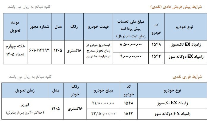 فروش فوری و پیش فروش زامیاد EX سایپا با قیمت جدید فروش فوری و پیش فروش زامیاد EX سایپا با قیمت جدید