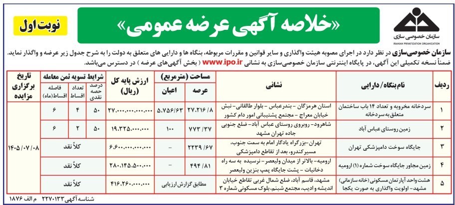 برگزاری مزایده سردخانه ۳ هزار میلیارد تومانی در ۸ مهر